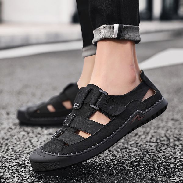 men sandals outdoor genuine leather summer casual sandals men slip-on loafers handmade sewing retro beach rome style, Black
men sandals outdoor genuine leather summer casual sandals men slip-on loafers handmade sewing retro beach rome style, Black
