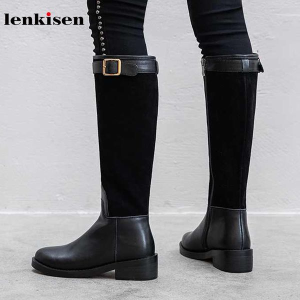 lenkisen simple style genuine leather riding boots belt buckle zipper med heels winter keep warm women cozy knee high boots l77, Black
lenkisen simple style genuine leather riding boots belt buckle zipper med heels winter keep warm women cozy knee high boots l77, Black