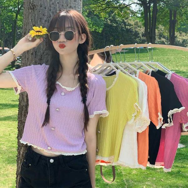 summer women's knitted short-sleeved t-shirt pearl buckle sweet tees women's thin section lace edge purple short gd361, White
summer women's knitted short-sleeved t-shirt pearl buckle sweet tees women's thin section lace edge purple short gd361, White