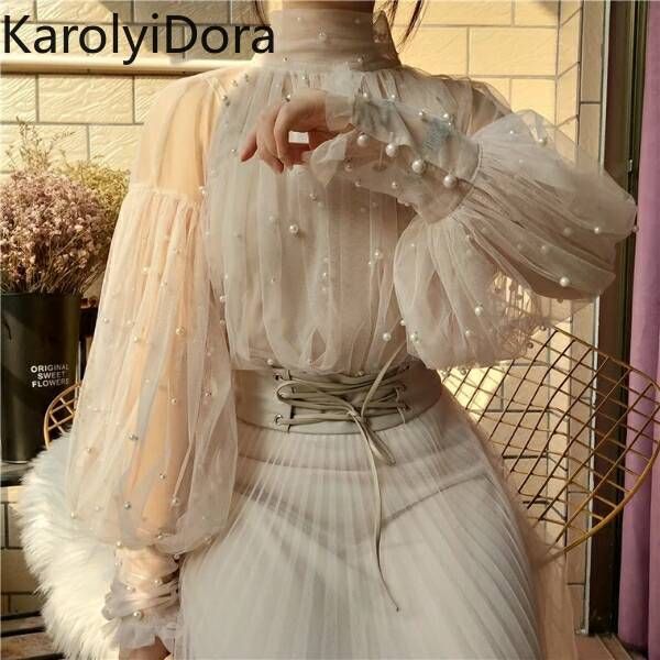 2020 new fashion autumn women's sweet beads bubble sleeve pearls button gauze blouses ladies elegant mesh shirt blusas, White
2020 new fashion autumn women's sweet beads bubble sleeve pearls button gauze blouses ladies elegant mesh shirt blusas, White