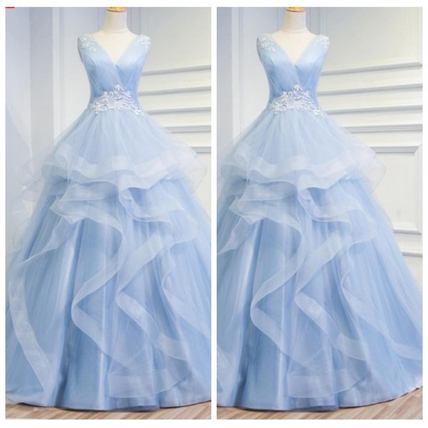 elegant v neck princess wedding dresses lace applique blue wedding dresses with waist decoration tiered long ball gown wedding dresses, White 
elegant v neck princess wedding dresses lace applique blue wedding dresses with waist decoration tiered long ball gown wedding dresses, White