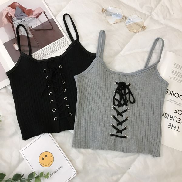 drawstring crop female camis v-neck vest white stretchy tank femme club knitting skinny tank women