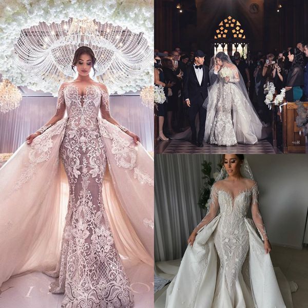 long sleeve mermaid wedding dresses off shoulder appliques beads lace bridal gowns with long detachable sweep train robes de mariée, White
long sleeve mermaid wedding dresses off shoulder appliques beads lace bridal gowns with long detachable sweep train robes de mariée, White