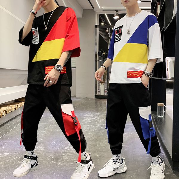 new men's short sleeve t-shirt suit male han edition popular logo leisure thin nine minutes of pants suit city boy, Gray 
new men's short sleeve t-shirt suit male han edition popular logo leisure thin nine minutes of pants suit city boy, Gray