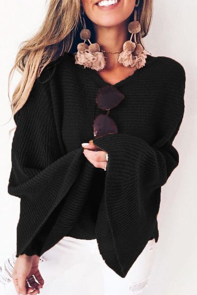 2019 autumn and winter new european and american wind sweater trumpet sleeve loose hooded bat sweater, Black
2019 autumn and winter new european and american wind sweater trumpet sleeve loose hooded bat sweater, Black