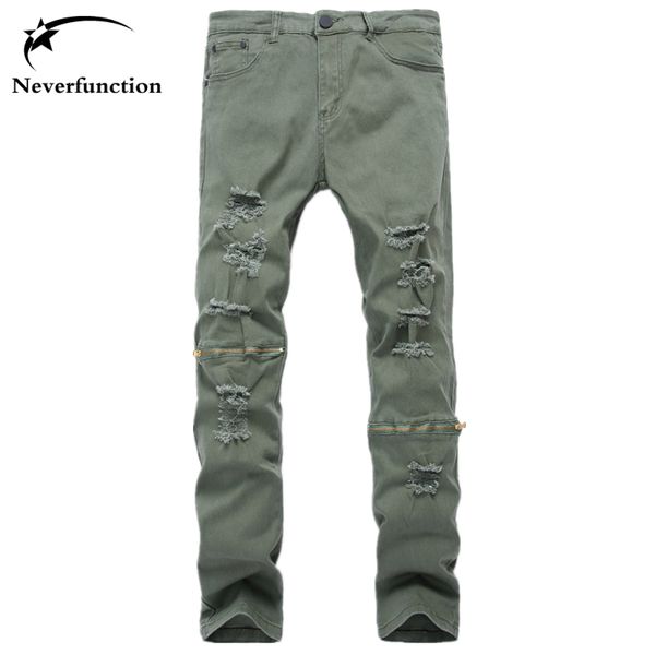 knee zipper ripped men jeans biker distressed jeans skinny punk denim trousers men's green gray 6color men plus size 52, Blue 
knee zipper ripped men jeans biker distressed jeans skinny punk denim trousers men's green gray 6color men plus size 52, Blue