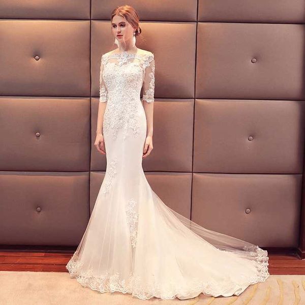 bateau neck tulle mermaid wedding dresses with lace appliques 2019 half sleeves bridal gowns sweep train, White
bateau neck tulle mermaid wedding dresses with lace appliques 2019 half sleeves bridal gowns sweep train, White