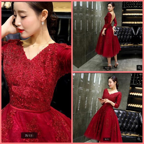 2019 new arrival a line wine lace tea length informal prom dress v neckline with long sleeve petite girls backless prom gowns sale, Black
2019 new arrival a line wine lace tea length informal prom dress v neckline with long sleeve petite girls backless prom gowns sale, Black