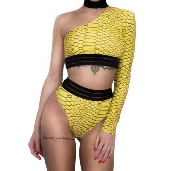2020 new women's swimwear one-shoulder long-sleeved swimsuit python print ribbon webbing bikini high-end split swimsuit, White;black
2020 new women's swimwear one-shoulder long-sleeved swimsuit python print ribbon webbing bikini high-end split swimsuit, White;black