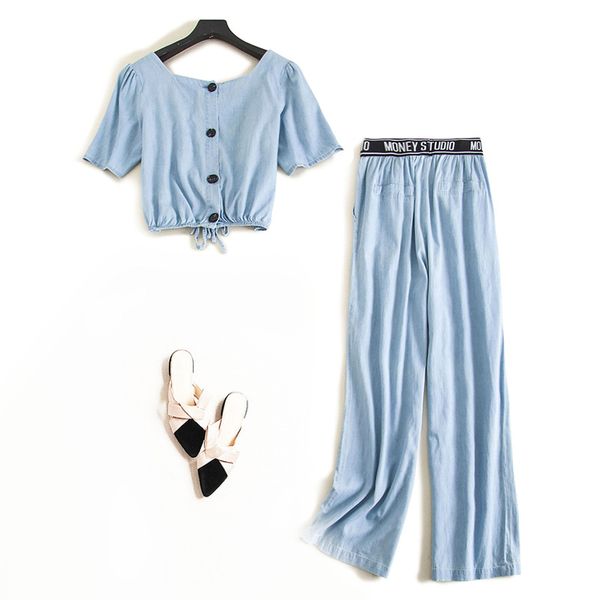 new summer denim two piece sets short sleeve jeans t shirt wide leg pants female fashion two piece set suit, White
new summer denim two piece sets short sleeve jeans t shirt wide leg pants female fashion two piece set suit, White