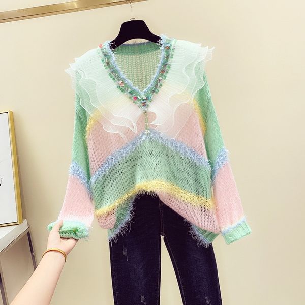 fall winter v neck sweater women stripe coloured sweater loose lazy wind sequins lotus leaf doll-neck knitted shirt pull femme, White;black
fall winter v neck sweater women stripe coloured sweater loose lazy wind sequins lotus leaf doll-neck knitted shirt pull femme, White;black