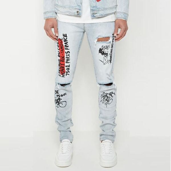 mens jeans hole distrressed summer new graffiti stretch slim denim trousers european and american style hot sale, Blue
mens jeans hole distrressed summer new graffiti stretch slim denim trousers european and american style hot sale, Blue