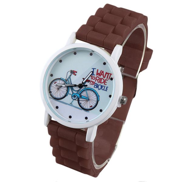 round dial bicycle pattern women lady slica gel band quartz wrist watch, Slivery;brown
round dial bicycle pattern women lady slica gel band quartz wrist watch, Slivery;brown