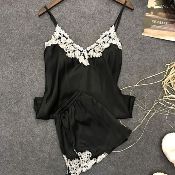 women applique satin lace pajamas set spaghetti strap tank plus high waist elastic shorts, Blue;gray
women applique satin lace pajamas set spaghetti strap tank plus high waist elastic shorts, Blue;gray