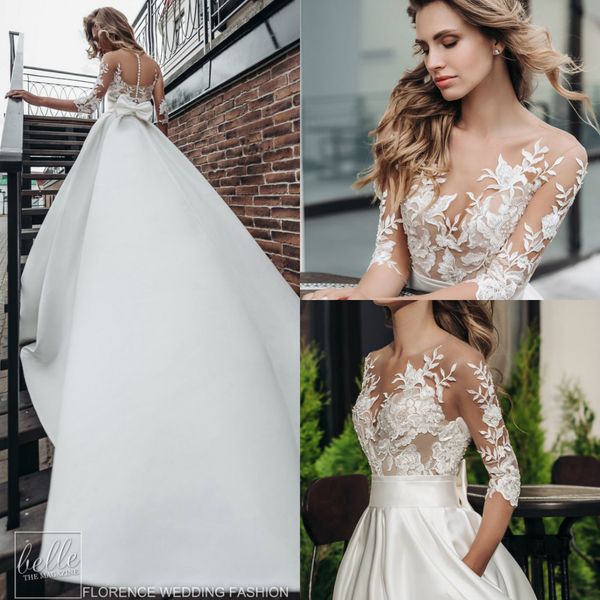 2019 beach florence wedding dresses sheer neck 3/4 long sleeve lace appliques bow satin bridal gowns plus size country robe de mariée, White
2019 beach florence wedding dresses sheer neck 3/4 long sleeve lace appliques bow satin bridal gowns plus size country robe de mariée, White