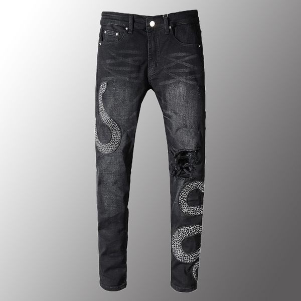 men luxury men's snake embroidery gray black ripped jeans trendy animal patchwork holes stretch denim pants, Blue
men luxury men's snake embroidery gray black ripped jeans trendy animal patchwork holes stretch denim pants, Blue