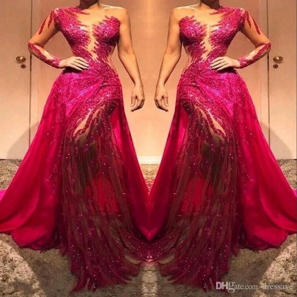 sheer one shoulder lace long sleeve prom evening dresses sheer tulle sequins crystals ruched red carpet dress formal gowns, Black
sheer one shoulder lace long sleeve prom evening dresses sheer tulle sequins crystals ruched red carpet dress formal gowns, Black