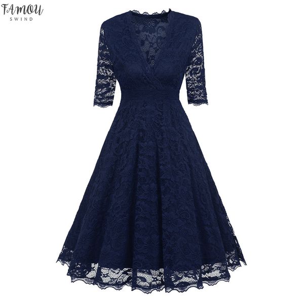 lace elegant dress 3xl 4xl plus size women winter dresses half sleeve deep v neck robe swing knee length a line black dress15l3, Black;gray