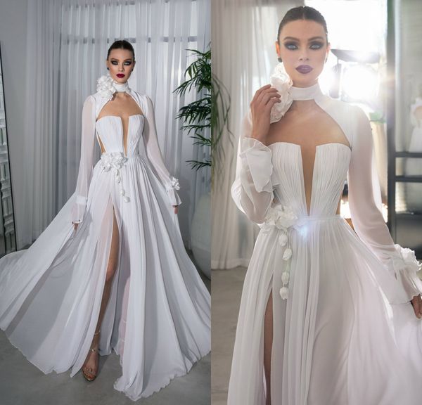 2019 chiffon boho wedding dresses long sleeves high neck side split a line bohemian wedding dress flower custom made bridal gowns, White
2019 chiffon boho wedding dresses long sleeves high neck side split a line bohemian wedding dress flower custom made bridal gowns, White