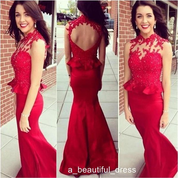 high neck mermaid style evening dresses sheer neck with lace applique prom dresses open back peplum sweep train party gowns ed1120, Black;red
high neck mermaid style evening dresses sheer neck with lace applique prom dresses open back peplum sweep train party gowns ed1120, Black;red