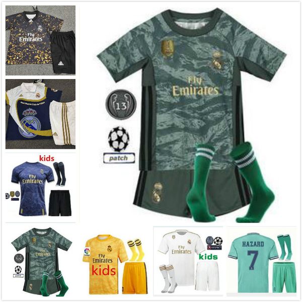 19 20 real madrid goalkeeper kids kit navas courtois soccer jerseys child home away hazard sergiio ramos benzema football shirts socks suit, Black;yellow
