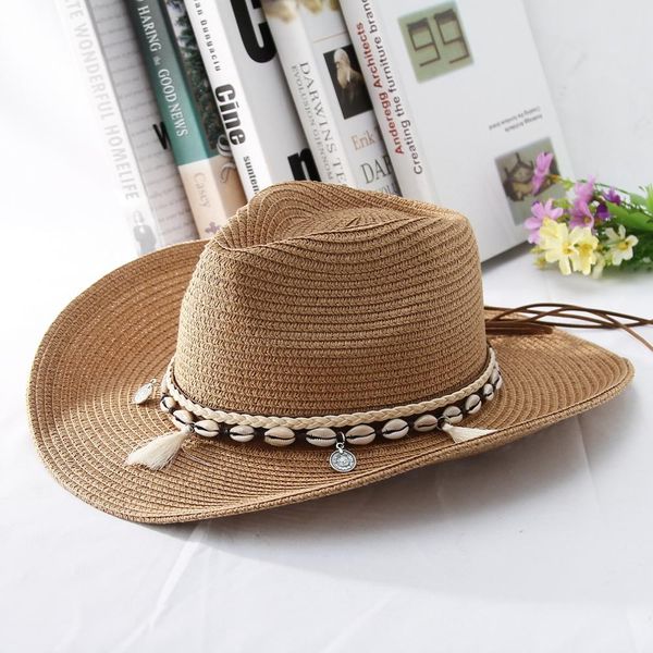 

gemvie 2019 shell tassels cowgirl summer hat straw hat for women men western cowboy lady trendy woven sun beach cap, Blue;gray