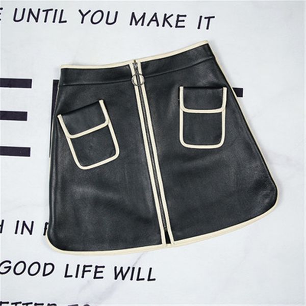 2020 women spring genuine real sheep leather skirt e51, Black