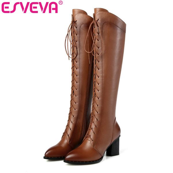 esveva 2019 high heels women knee-high boots square heels genuine leather+pu motorcycle boots woman zipper shoes size 34-42, Black 
esveva 2019 high heels women knee-high boots square heels genuine leather+pu motorcycle boots woman zipper shoes size 34-42, Black