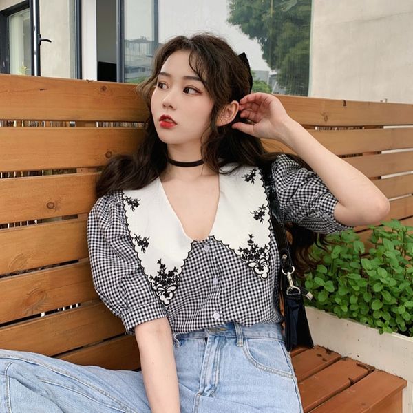 women's t-shirt women floral turn-down collar puff sleeve t shirt short summer ladie chiffon vintage plaid top, White
women's t-shirt women floral turn-down collar puff sleeve t shirt short summer ladie chiffon vintage plaid top, White