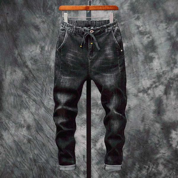 black jeans men full length elastic waist drawstring casual solid color bleached distressed harem pants male, Blue
black jeans men full length elastic waist drawstring casual solid color bleached distressed harem pants male, Blue