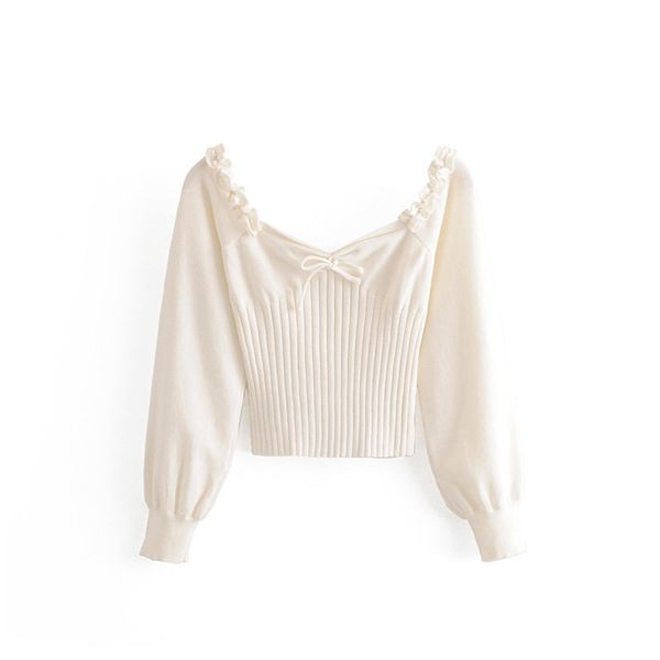 om58-6850 european and american fashionable ruffle edge generous collar lace up knitted sweater, White
om58-6850 european and american fashionable ruffle edge generous collar lace up knitted sweater, White