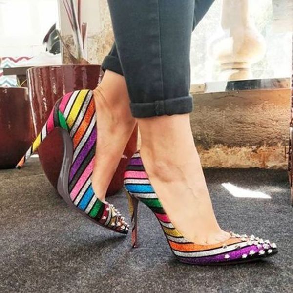 women heels red bottom high heels rainbow rivets pumps women shoes pointed toe crystal party heels shoes cs09, Black
women heels red bottom high heels rainbow rivets pumps women shoes pointed toe crystal party heels shoes cs09, Black