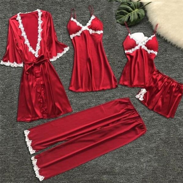women pajamas 5 pieces satin sleepwear pijama silk home wear home clothing embroidery sleep lounge pyjama with chest pads, Black;red
women pajamas 5 pieces satin sleepwear pijama silk home wear home clothing embroidery sleep lounge pyjama with chest pads, Black;red