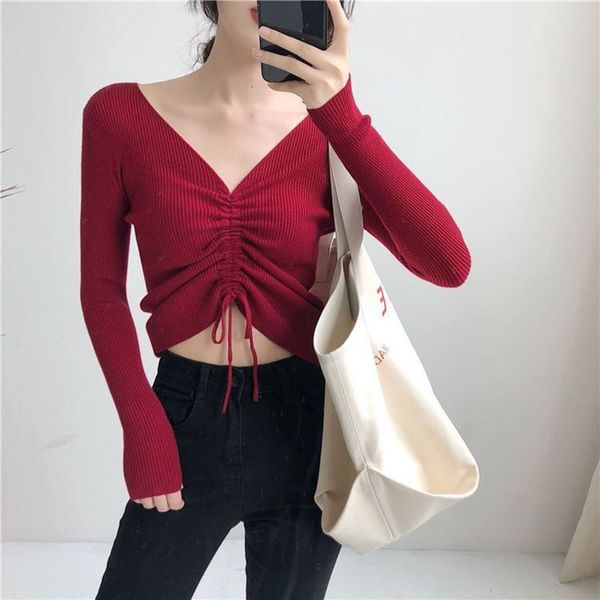 autumn women's slim drawstring v-neck bottoming long-sleeved sweater knitted women sweaters and pullovers, White;black
autumn women's slim drawstring v-neck bottoming long-sleeved sweater knitted women sweaters and pullovers, White;black