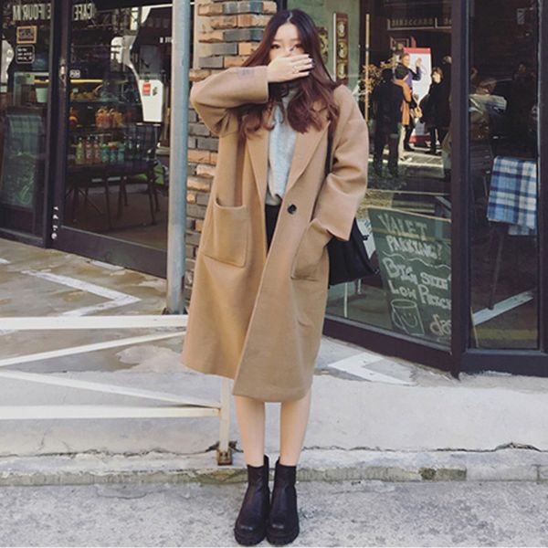 2019 fashion women single button overcoat solid color autumn long coat female turn-down collar open stitch woolen outwear, Black
2019 fashion women single button overcoat solid color autumn long coat female turn-down collar open stitch woolen outwear, Black