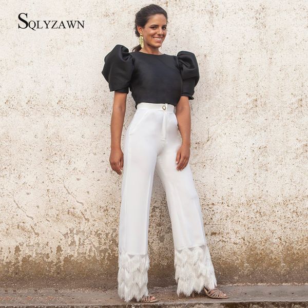 office lady two piece pants size women elegant puff short sleeve + tassel palazzo wide leg trousers matching fashion outfit, White
office lady two piece pants size women elegant puff short sleeve + tassel palazzo wide leg trousers matching fashion outfit, White