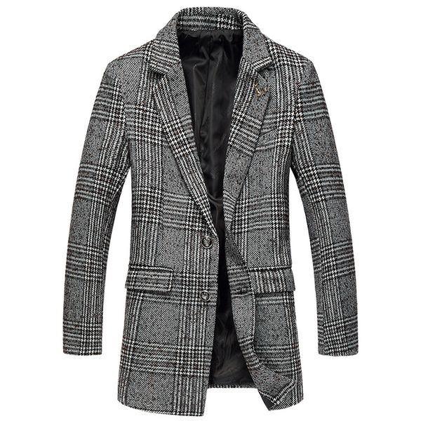 long woolen overcoat, trench coat, overcoat, plaid men's wear for relaxed men, Black 
long woolen overcoat, trench coat, overcoat, plaid men's wear for relaxed men, Black
