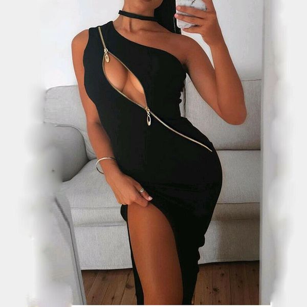 2020 new fashion women ladies dress sleeveless skew neck zipper decor slim bodycon split dress, Black;gray
2020 new fashion women ladies dress sleeveless skew neck zipper decor slim bodycon split dress, Black;gray