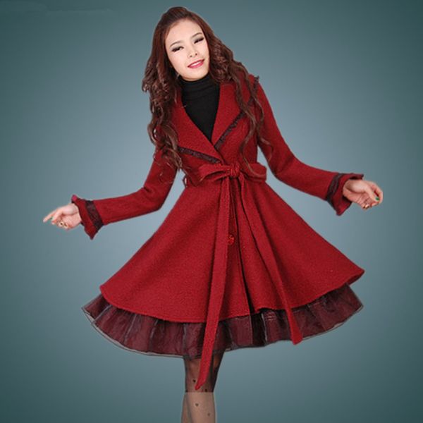 

s-3xl 2019 new big turn down collar wool jacket women's lace spliced overcoat autumn winter flare sleeve belt cashmere coat, Black