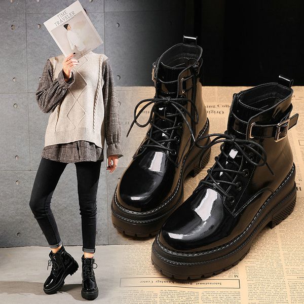 boots 2021 women's thick bottom british wind short laced motorcycle patent leather plus velvet, Black
boots 2021 women's thick bottom british wind short laced motorcycle patent leather plus velvet, Black