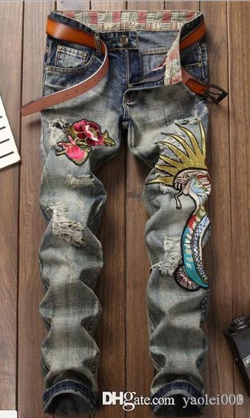 original design new european and american style fashion man hole jeans embroidered cobra retro men's pants, Blue 
original design new european and american style fashion man hole jeans embroidered cobra retro men's pants, Blue