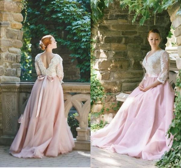 pink white wedding dresses a-line v-neck v backless 3/4 long sleeves lace applique robes de mariée ribbon bow bridal party dress gowns long
pink white wedding dresses a-line v-neck v backless 3/4 long sleeves lace applique robes de mariée ribbon bow bridal party dress gowns long