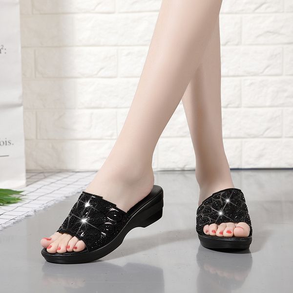 

gktinoo women slipper's 2019 ladies summer slippers shoes women wedges heels fashion rhinestone summer shoes, Black