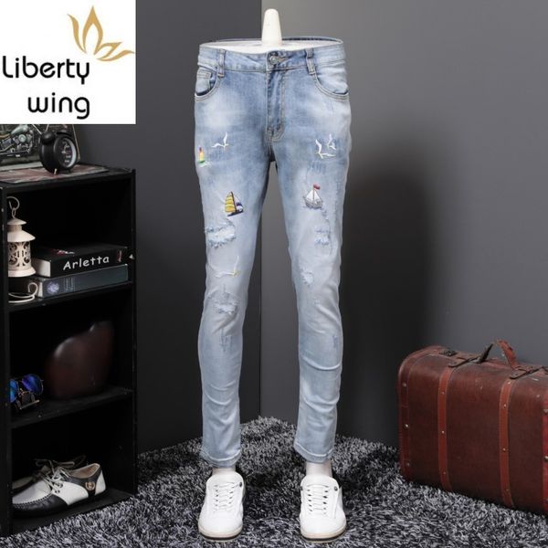 spring summer mens full length embroidery ripped denim pants slim fit stretch fashion casual streetwear jeans homme, Blue
spring summer mens full length embroidery ripped denim pants slim fit stretch fashion casual streetwear jeans homme, Blue