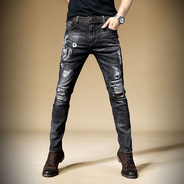 2019 new men's male denim pants jeans brand embroidered self-cultivation street hip-hop punk korean feet pants, Blue
2019 new men's male denim pants jeans brand embroidered self-cultivation street hip-hop punk korean feet pants, Blue