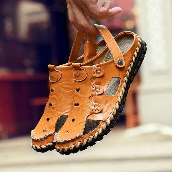 summer masculina sandalias hombre retro hmade closed-toe sandals men soft-sole ethnic-style sandalias, Black