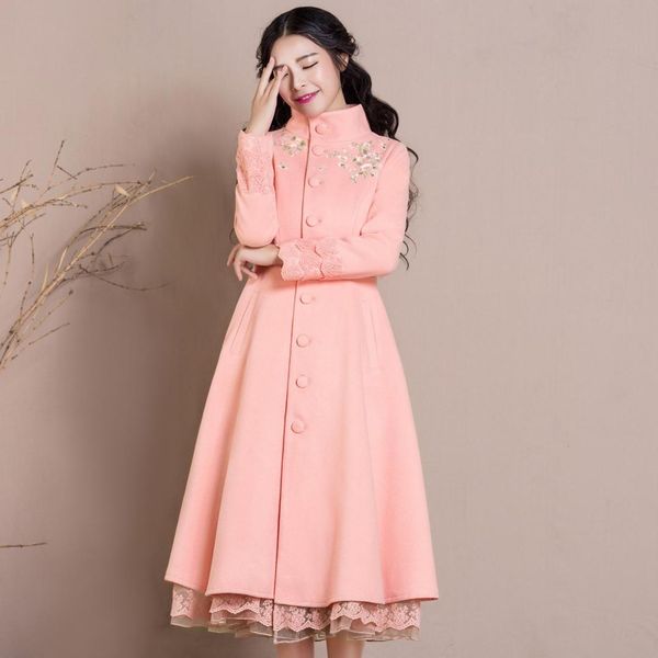 new arrival winter women embroidered flower long wool blends coat lady slim retro sweet pink dress coats overcoat, Black
new arrival winter women embroidered flower long wool blends coat lady slim retro sweet pink dress coats overcoat, Black