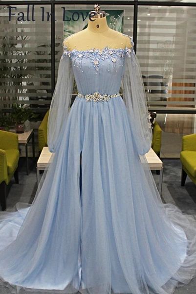 baby blue tulle long beaded sweet 16 prom dress with sleeves, slit evening dress, White;black
baby blue tulle long beaded sweet 16 prom dress with sleeves, slit evening dress, White;black