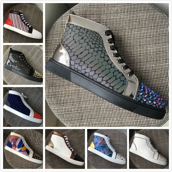 Designer Brand Red Bottoms Men Women Leather With Glitter Studded Spikes High Top Casual Shoes Top Quality Luxury Trainer Shoes 35-47
Designer Brand Red Bottoms Men Women Leather With Glitter Studded Spikes High Top Casual Shoes Top Quality Luxury Trainer Shoes 35-47