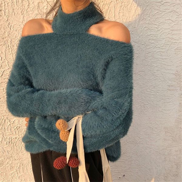 long sleeve halter off shoulder sweater women 2020 autumn winter warm white pink pullover all match solid knitted sweater, White;black
long sleeve halter off shoulder sweater women 2020 autumn winter warm white pink pullover all match solid knitted sweater, White;black